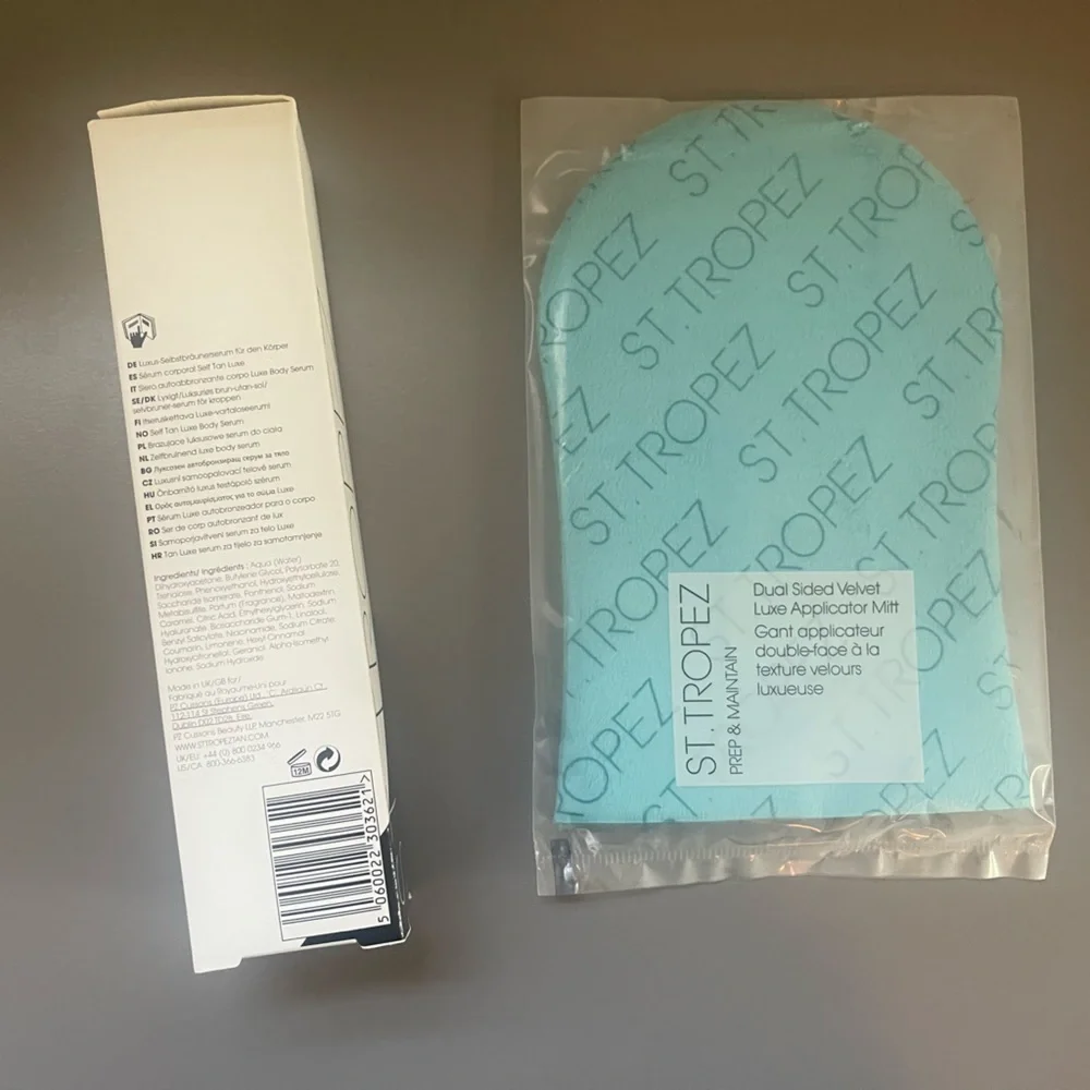 St Tropez Self Tan Luxe Body Serum and Dual Sided Velvet Luxe Applicator Mitt